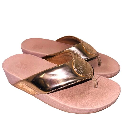 Fitflop Demelza Logo Toe-Thong Sandals Metallic Gold Leather Sandals 7 Cushioned - Picture 2 of 12